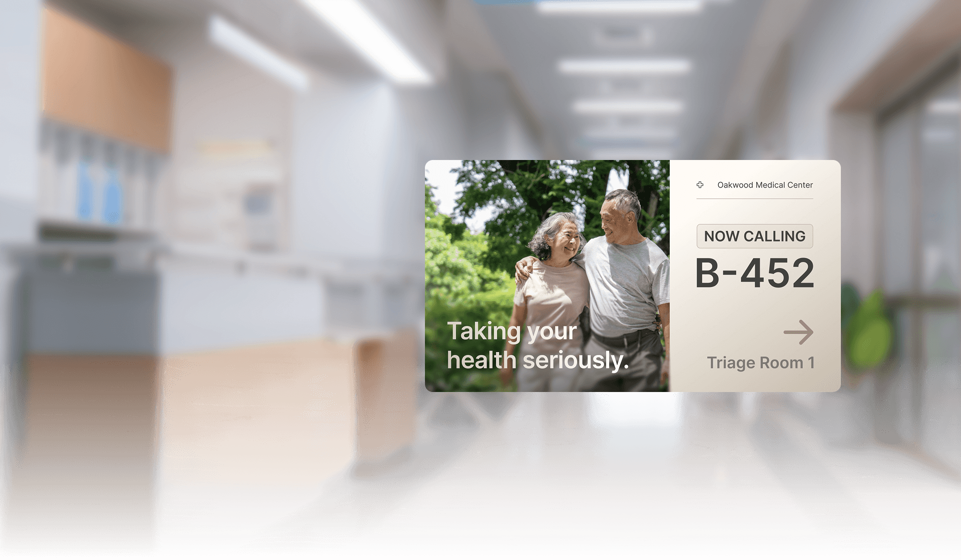 Healthcare wayfinding display in a medical center hallway