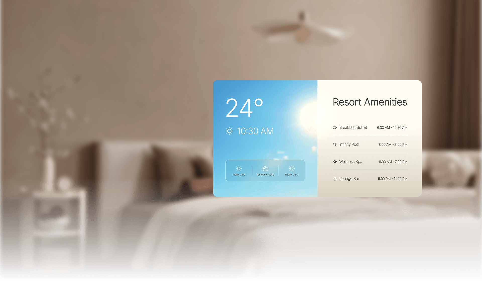 Resort amenities and weather display in a hotel room