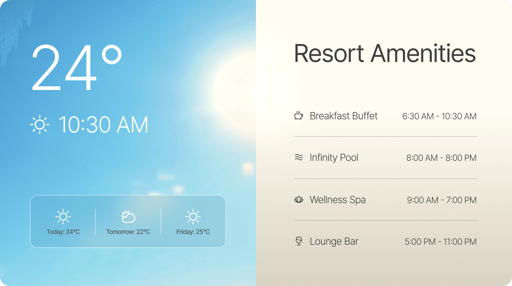 Resort amenities and weather display in a hotel room