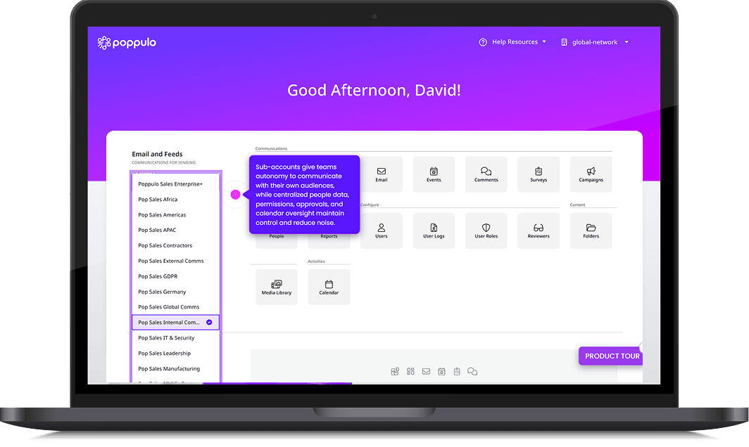 Interactive Poppulo employee journey demo shown on a laptop